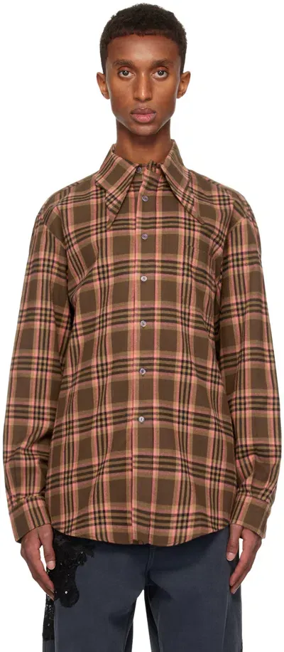 Collina Strada Pink & Brown Bat Button Shirt In Pink Brown Plaid