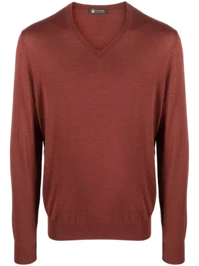 Colombo Fine-knit V-neck Jumper In Red