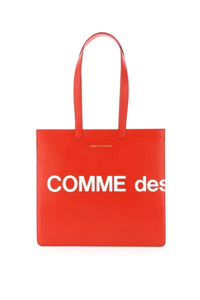 Comme Des Garçons Leather Tote Bag With Logo In Rosso