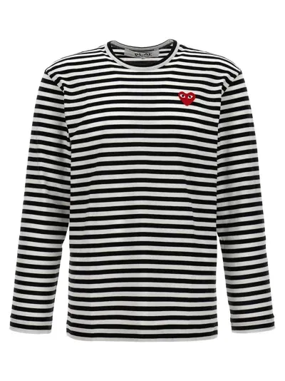 Comme Des Garçons Play Heart-patch Striped Cotton T-shirt In White/black