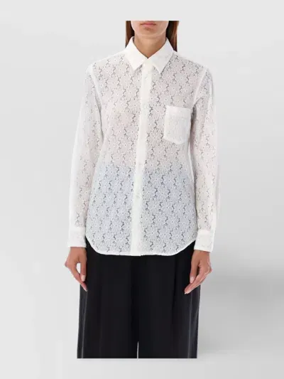 Comme Des Garçons Sheer Floral Lace Shirt With Collared Neck In White