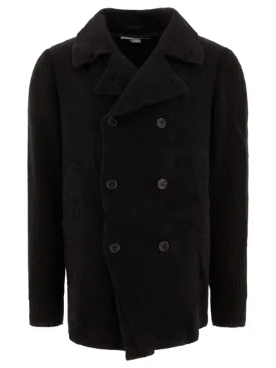 Comme Des Garçons Shirt Double-breasted Coat With Knit Sleeves Coats In Gray