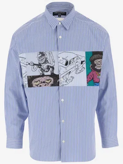 Comme Des Garçons Striped Cotton Shirt With Graphic Print In Blue