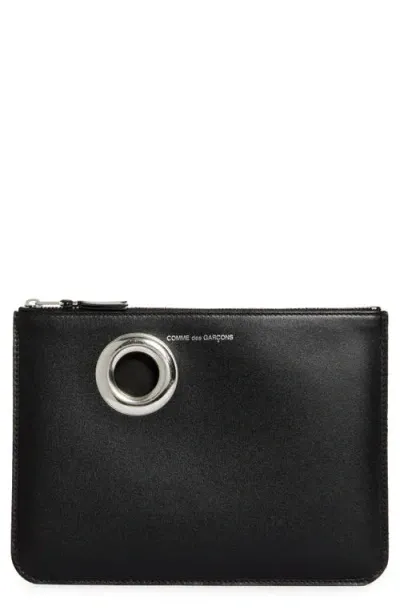 Comme Des Garçons Wallets Large Eyelet Leather Zip Pouch In Black