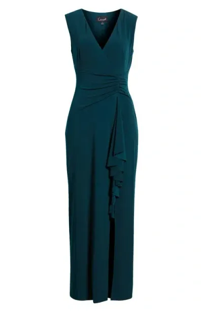 Connected Apparel Cascade Ruffle Sleeveless Jersey Gown In Hunter