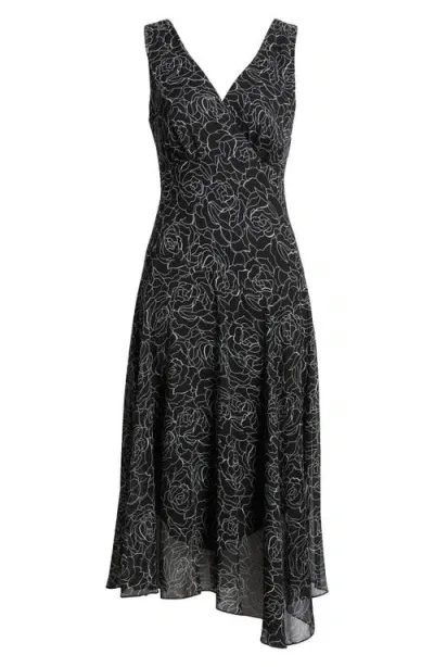 Connected Apparel Floral Asymmetric Hem Chiffon Midi Dress In Black