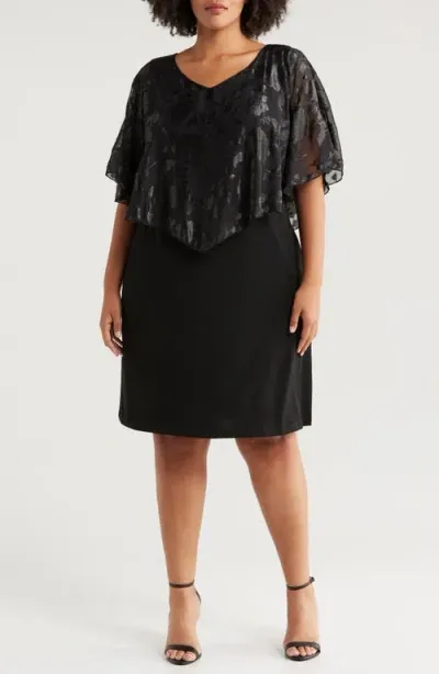 Connected Apparel Floral Jacquard Cape Overlay Cocktail Dress In Black