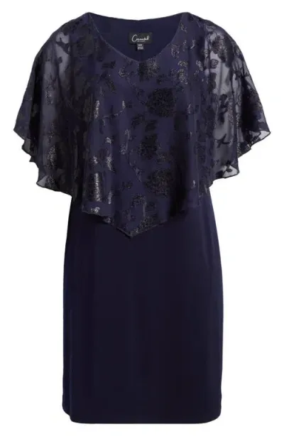 Connected Apparel Floral Jacquard Cape Overlay Cocktail Dress In Midnight