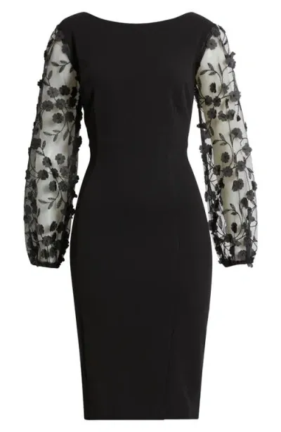 Connected Apparel Floral Mesh Sleeve Sheath Dress In Black