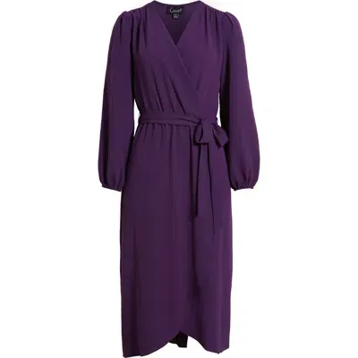 Connected Apparel Long Sleeve Faux Wrap Midi Dress In Grape