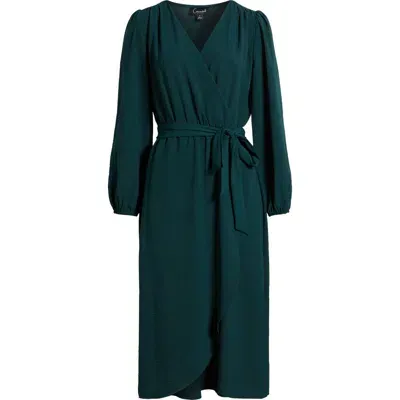 Connected Apparel Long Sleeve Faux Wrap Midi Dress In Pine