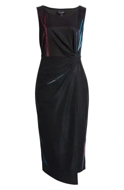 Connected Apparel Metallic Sleeveless Faux Wrap Dress In Peacock