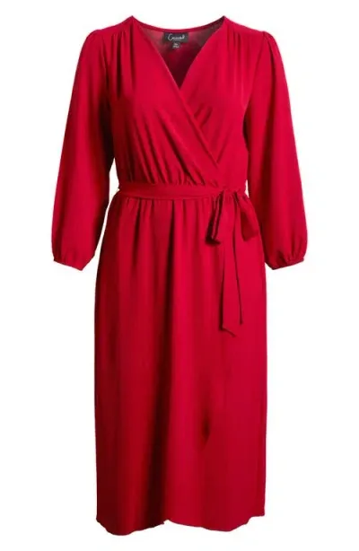 Connected Apparel Tie Waist Long Sleeve Wrap Dress In Garnet