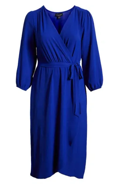 Connected Apparel Tie Waist Long Sleeve Wrap Dress In Saphire