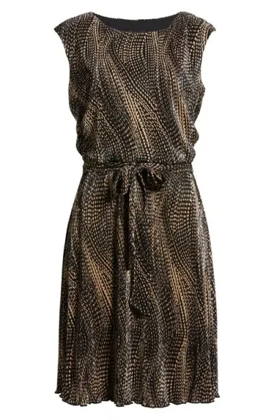 Connected Apparel Tie Waist Sleeveless Dress In Black/camel