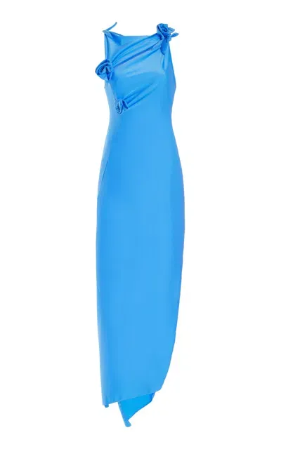 Coperni Asymmetric Rosette-detailed Satin Maxi Dress In Blue