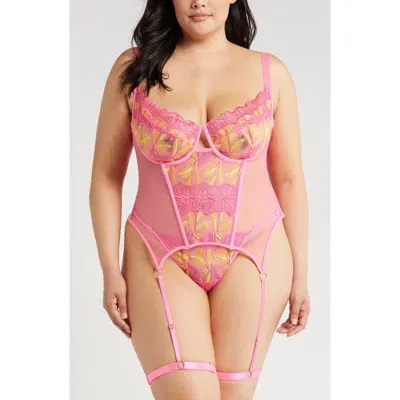 Coquette Embroidered Mesh Underwire Bustier With Garter Straps & Thong Set In Neon Pink