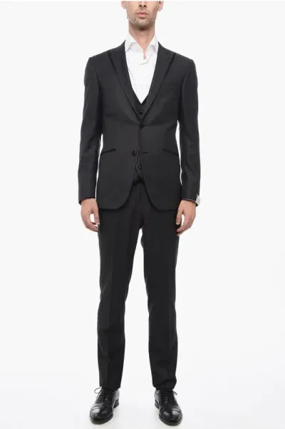 Corneliani 3 Piece Cerimonia Academy Suit With Satin Details In Black