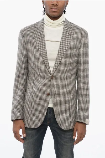 Corneliani Half-lined Gate Houndstooth Patterned Blazer In Neutral