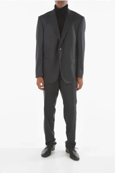 Corneliani Herringbone Patterned Leader Suit With Notch Lapel In Black