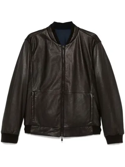 Corneliani Leather Bomber Jacket In Brown