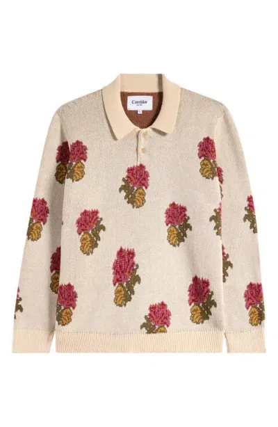 Corridor Floral Long Sleeve Knit Polo In Natural