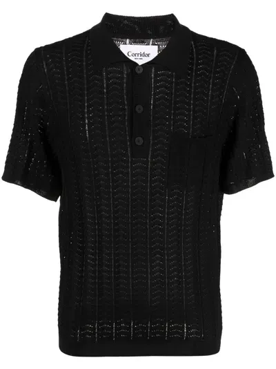 Corridor Openwork-knit Polo Shirt In Schwarz