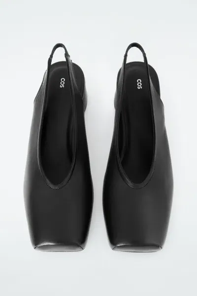 Cos Square-toe Leather Heeled Ballet Pumps In Black