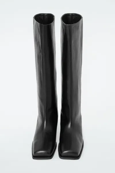 Cos Square-toe Leather Knee-high Boots In Black