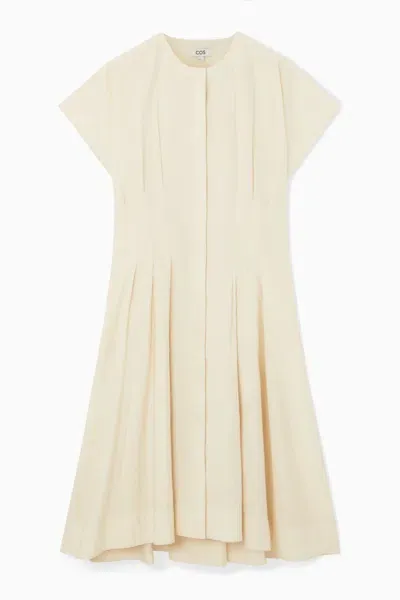 Cos Waisted Pleated Midi Dress In Beige