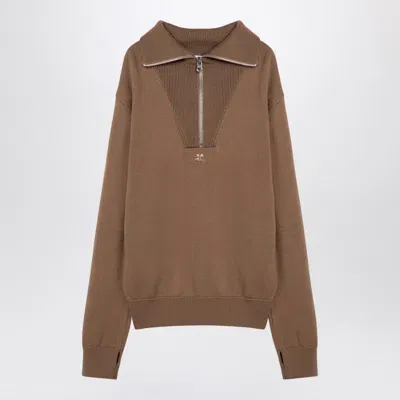 Courrèges Beige Wool Zip Sweater In Brown