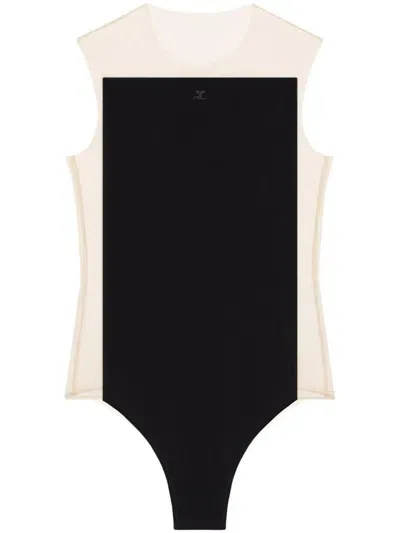 Courrèges Black Sheer Bodysuit With Logo In Beige