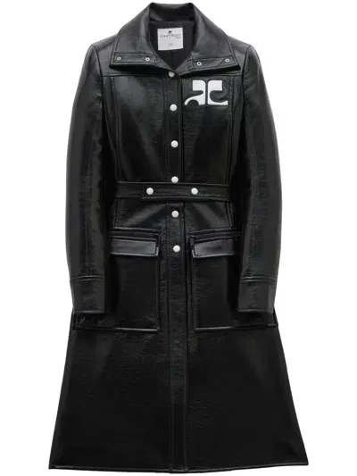 Courrèges Chest Logo-patch Trench Coat In Black