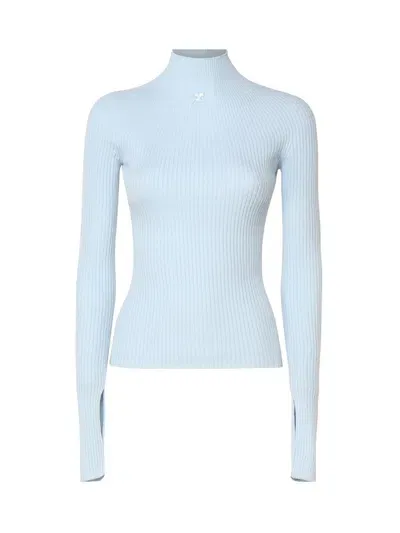 Courrèges Engineered Light Rib Mock Neck Jumper In Blue