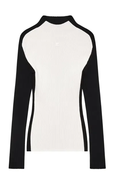 Courrèges Frame Contrasting Ribbed-knit Sweater In Black,white