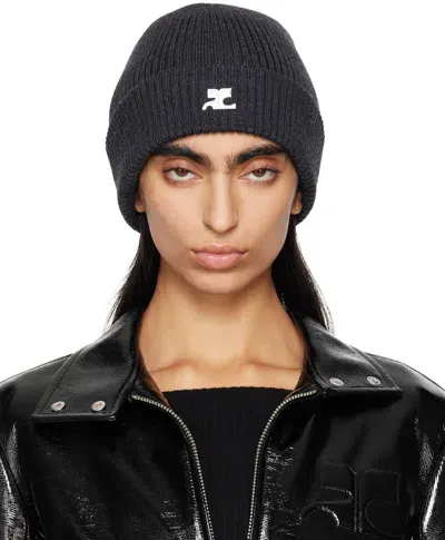 Courrèges Gray Ribbed Wool Beanie In 9075 Anthracite Chin