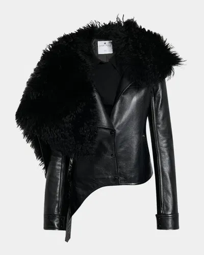 Courrèges Lamb Shearling Asymmetric Leather Moto Jacket In Black