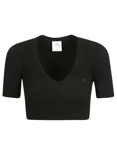 Courrèges Logo Embroidered V-neck Cropped Knit Top In Black