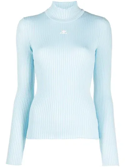 Courrèges Logo Print Ribbed Knit Jumper In Blue