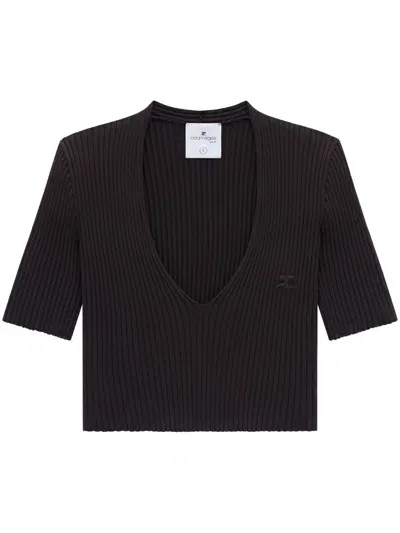 Courrèges Ribbed Knit V-neck Top In Brown