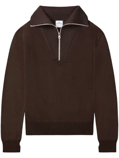 Courrèges Merino Wool Sweater With Zipper In Brown