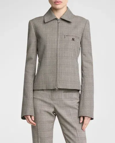 Courrèges Prince Of Wales Wool Short Jacket In Sand Mud Brown