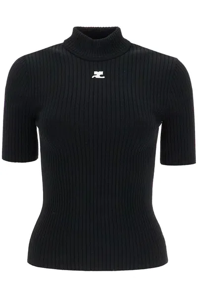 Courrèges Short-sleeved Ribbed Re-e In Black