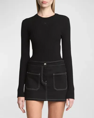 Courrèges Shoulder Snaps Long-sleeve Rib Sweater In Black