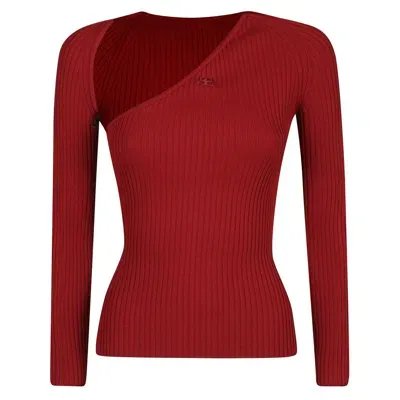 Courrèges Slash Asymmetric-neck Ribbed-knit Top In Grenat