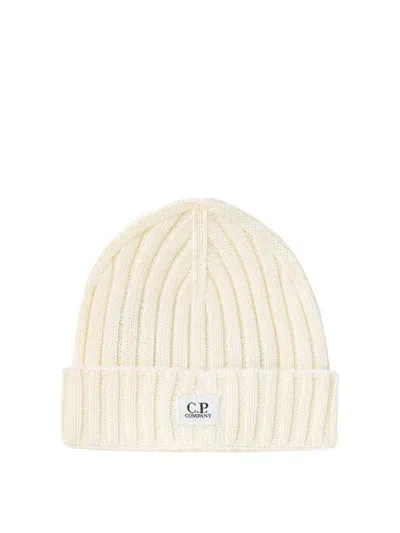 C.p. Company Logo Patch Ribbed Beanie In White