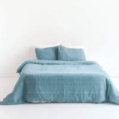 Creative Women Stone Washed Linen Duvet Cover Set In Denim Blue