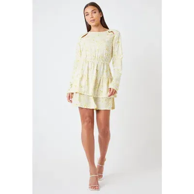 Creea The Label Cutout Padded Shoulder Print Mini Dress In Yellow