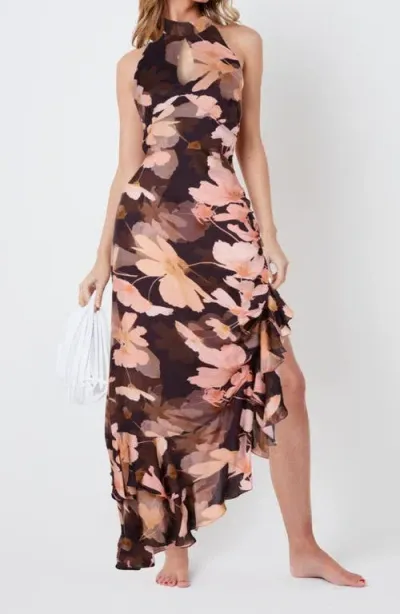 Creea The Label Floral Print Halter Neck Asymmetric Ruffle Hem Maxi Dress In Dusky Bloom