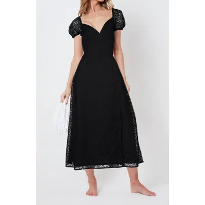 Creea The Label Lace Puff Sleeve Open Back Midi Dress In Black